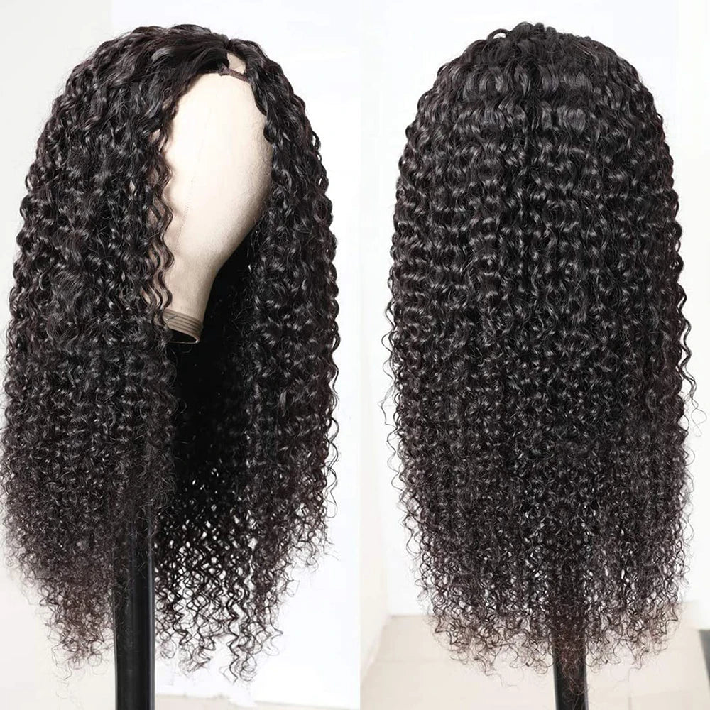 Kinky Curly U V Part Wig Human Hair No Leave Out No Glue Brazilian Deep Curly Wave