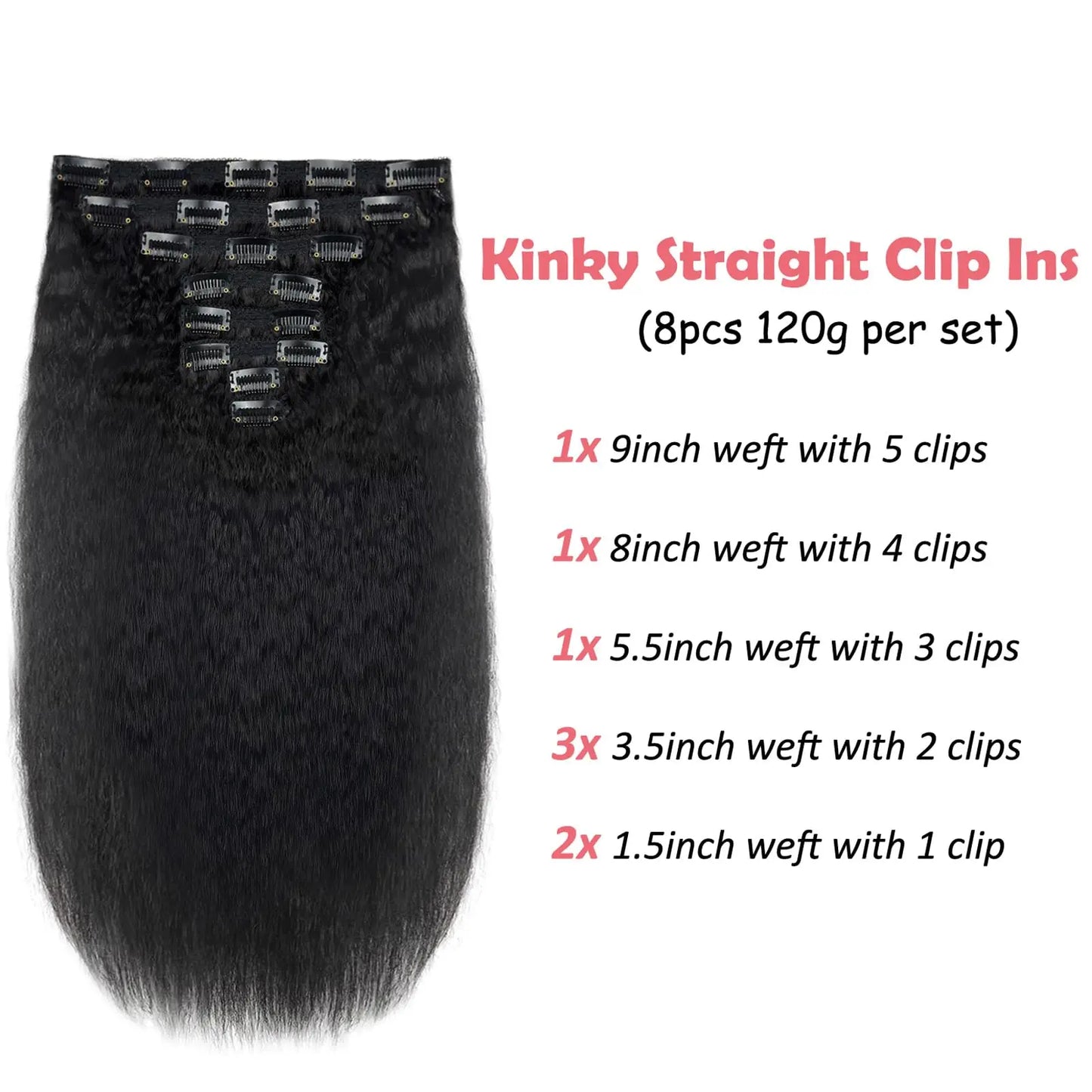18 Inch Kinky Straight Clip in Hair Extensions Real Human Hair Yaki Straight