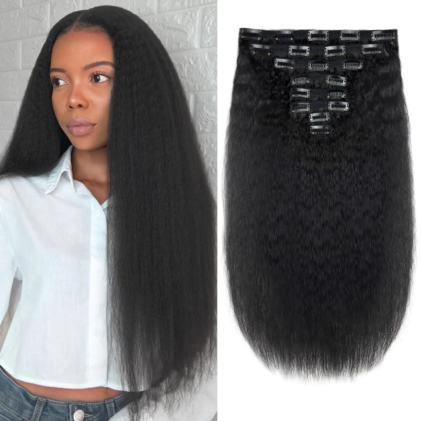 18 Inch Kinky Straight Clip in Hair Extensions Real Human Hair Yaki Straight