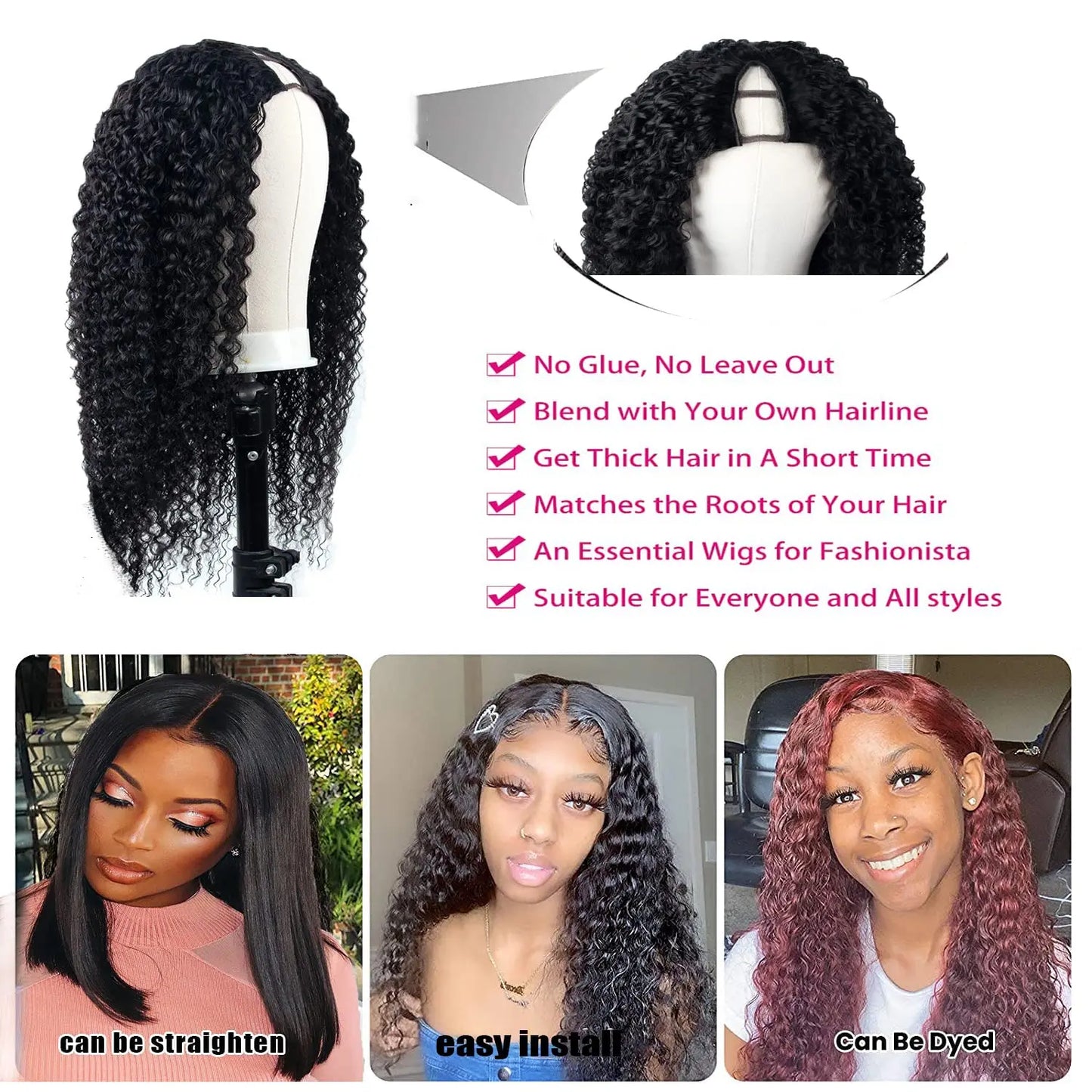 Kinky Curly U V Part Wig Human Hair No Leave Out No Glue Brazilian Deep Curly Wave
