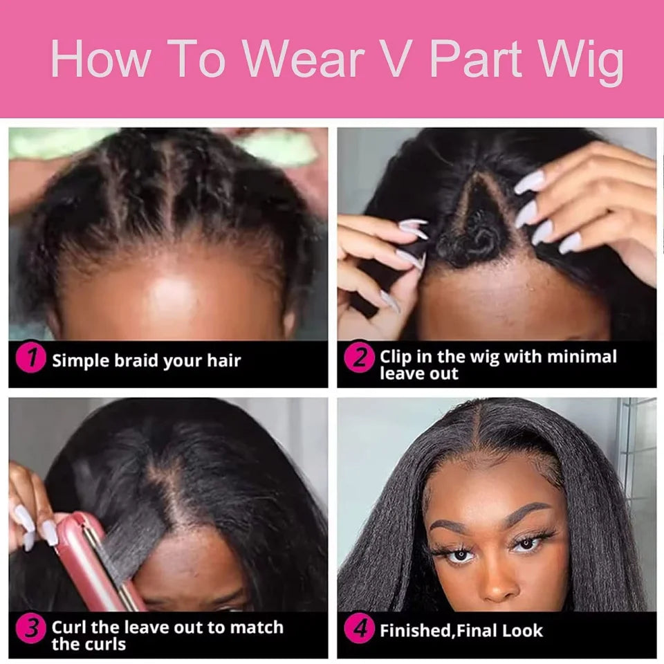 Kinky Straight V Part Wig Glueless Wig Human Hair Ready To Wear
