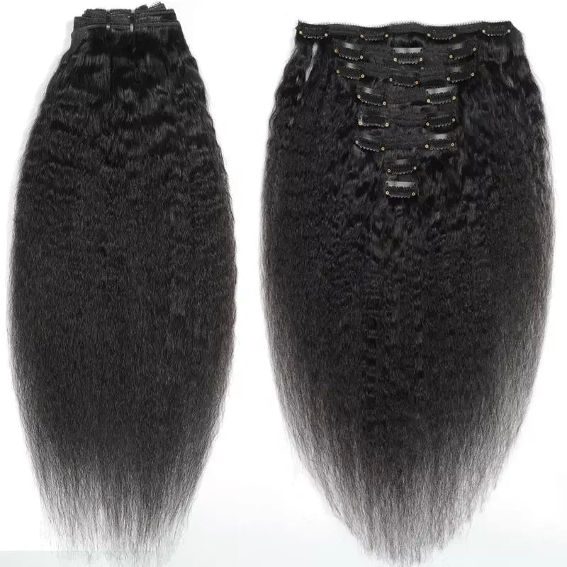 18 Inch Kinky Straight Clip in Hair Extensions Real Human Hair Yaki Straight