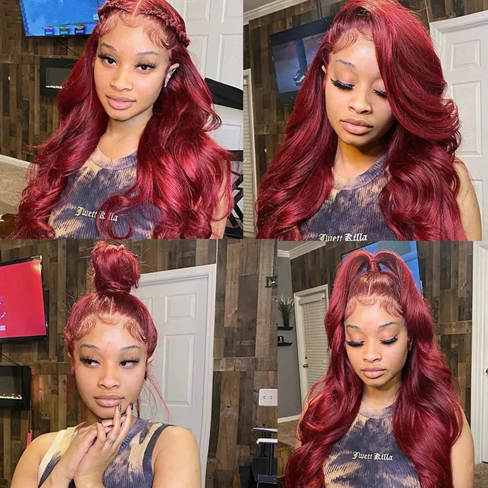99j Burgundy 13x6 Hd Lace Frontal Human Hair Wigs Transparent Colored Body Wave Red