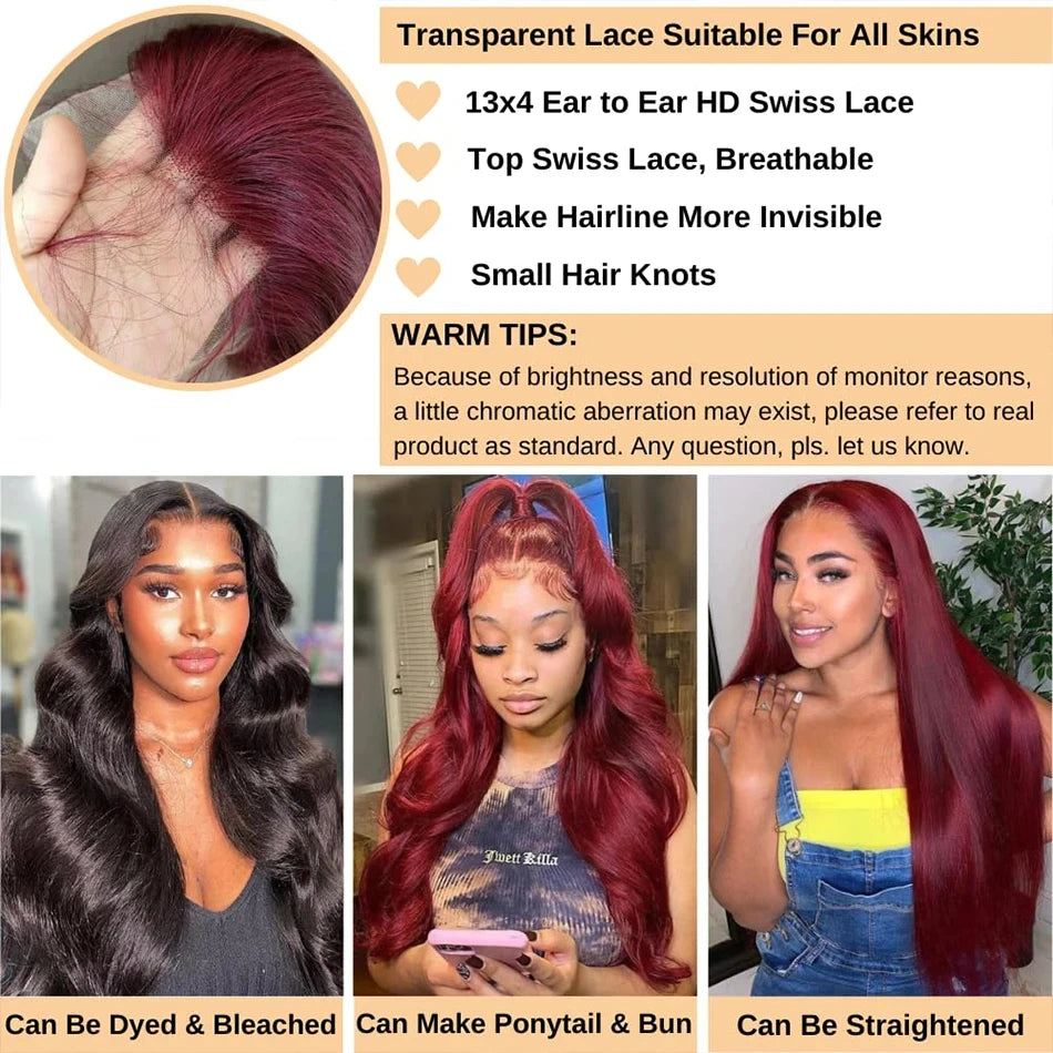 99j Burgundy 13x6 Hd Lace Frontal Human Hair Wigs Transparent Colored Body Wave Red