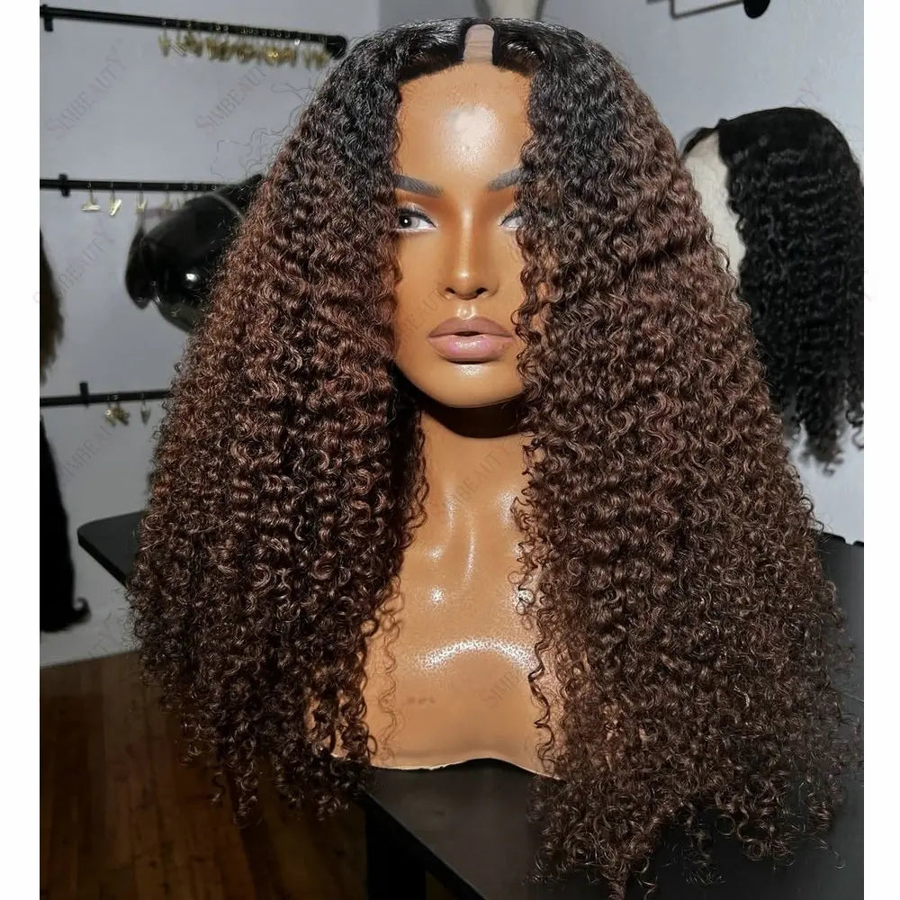 Dark Roots Balayage Chestnut brown 1x4 Size U Part Wig Human Hair  Kinky Curly Glueless