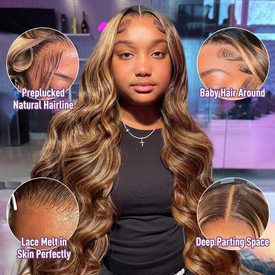 Hd Transparent Body Wave Lace Front Wig Colored Highlight Human Hair Wigs