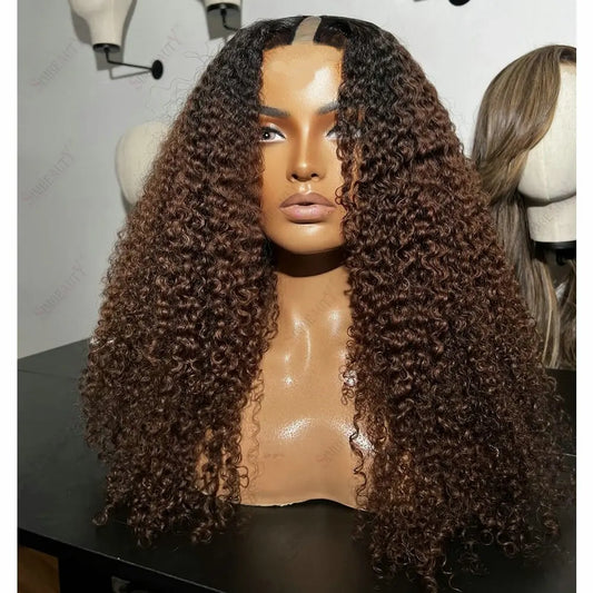 Dark Roots Balayage Chestnut brown 1x4 Size U Part Wig Human Hair  Kinky Curly Glueless