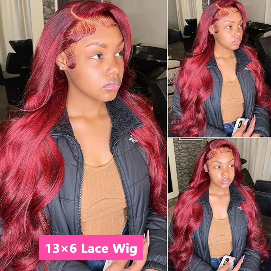 99j Burgundy 13x6 Hd Lace Frontal Human Hair Wigs Transparent Colored Body Wave Red