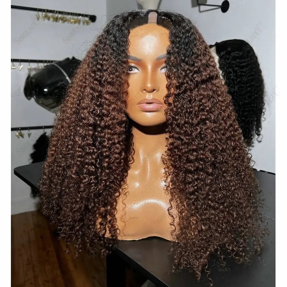 Dark Roots Balayage Chestnut brown 1x4 Size U Part Wig Human Hair  Kinky Curly Glueless