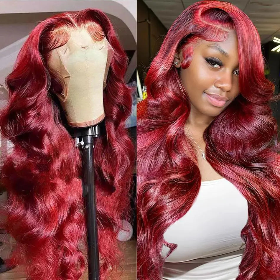 99j Burgundy 13x6 Hd Lace Frontal Human Hair Wigs Transparent Colored Body Wave Red