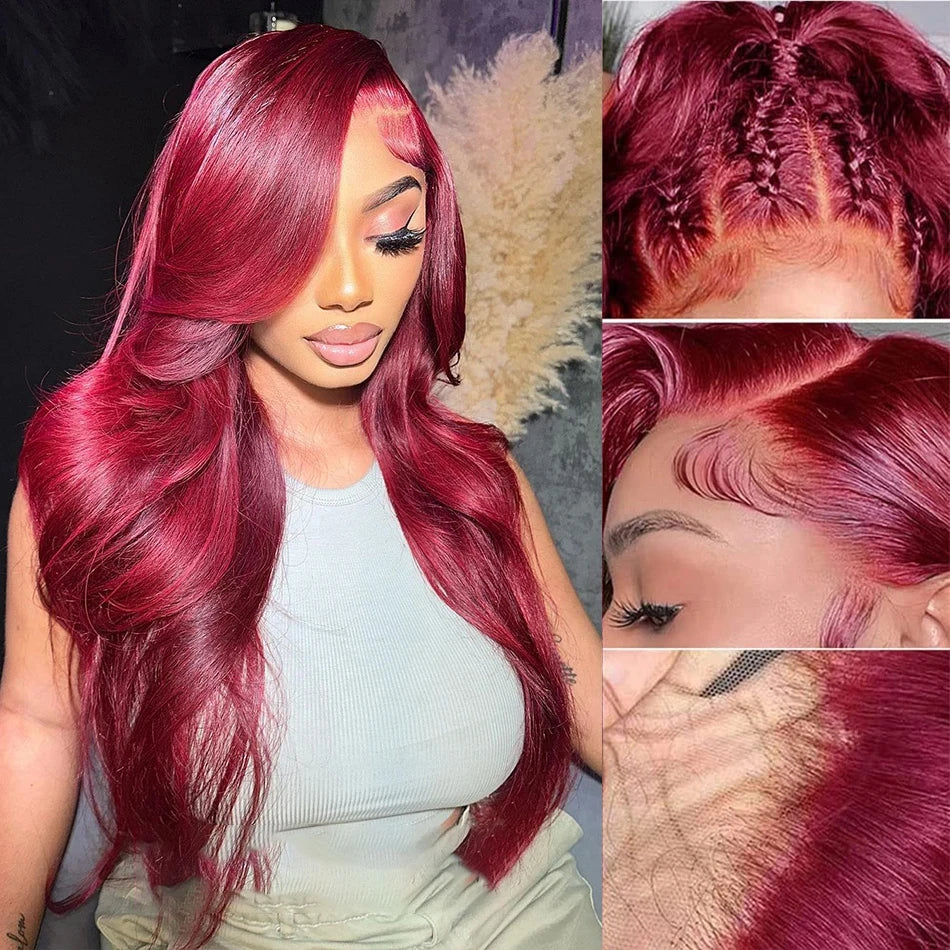 99j Burgundy 13x6 Hd Lace Frontal Human Hair Wigs Transparent Colored Body Wave Red