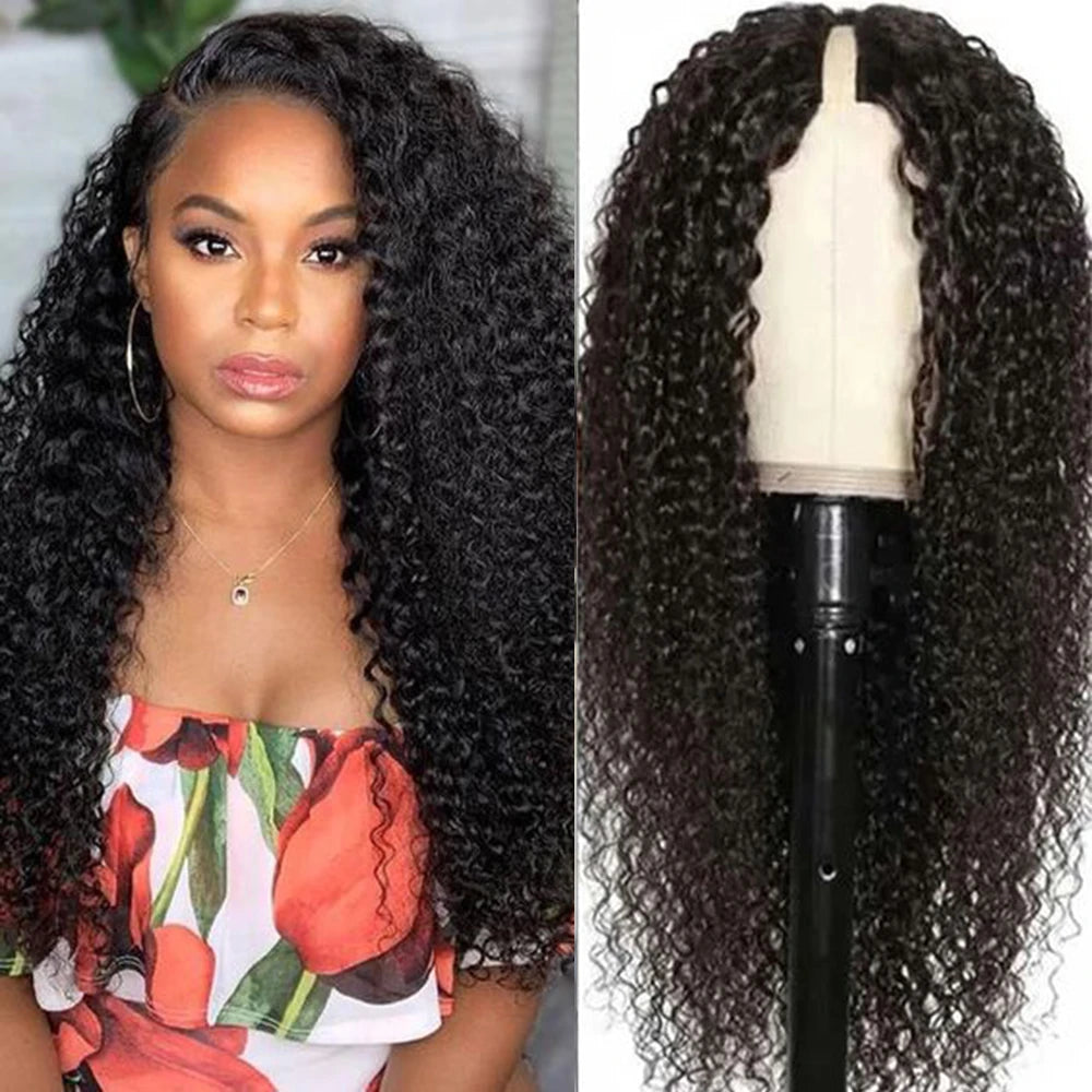 Kinky Curly U V Part Wig Human Hair No Leave Out No Glue Brazilian Deep Curly Wave